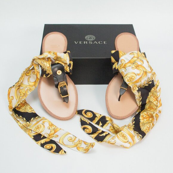 NIB Versace Medusa Ankle Wrap Silk Sash Barocco Sandals Flats Black & Gold, 37 - Picture 15 of 16